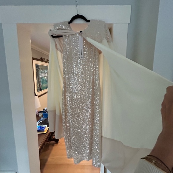 Baggley Mischka SC3829 Ivory Gold Sequined Midi Sheath with Georgette Cape - Picture 8 of 10